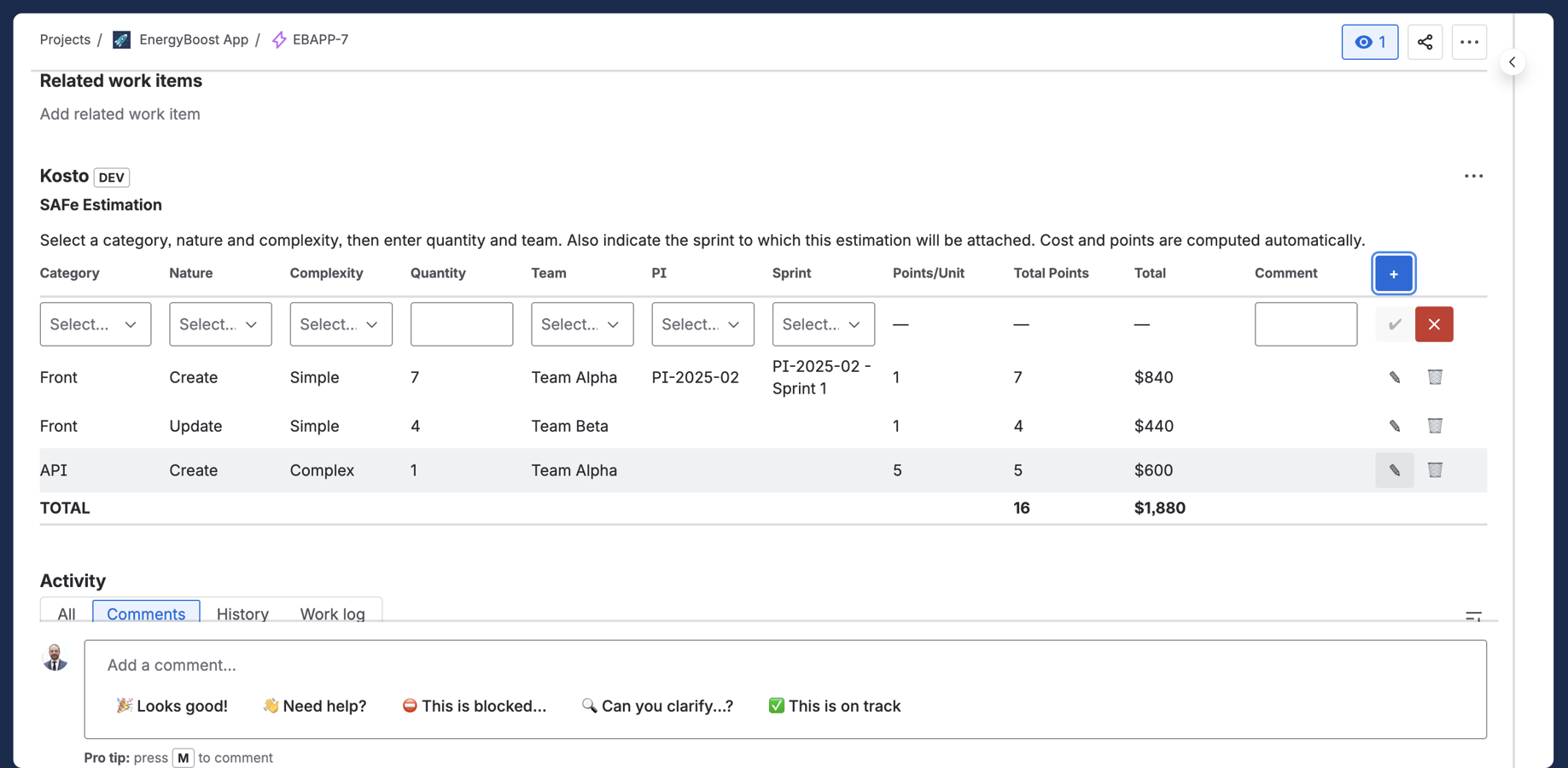 Estimate Epics directly in Jira using a structured complexity matrix. Select Category, Nature, Complexity, and Team — Kosto computes story points and total cost automatically.