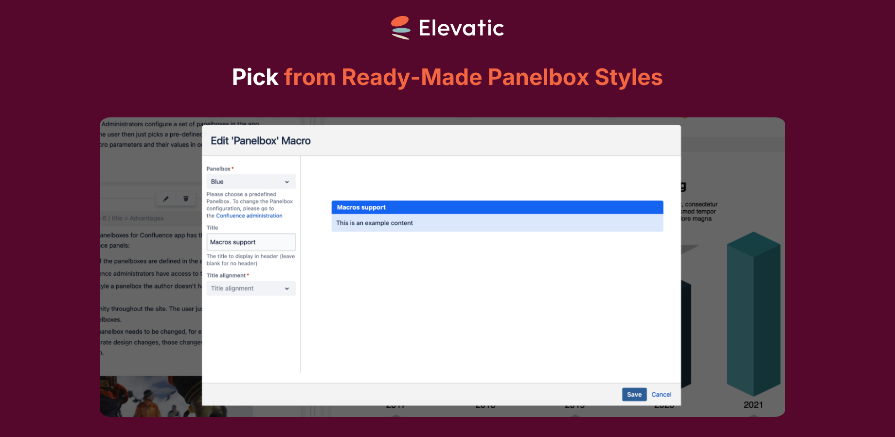 1. Users can choose one of the predefined Panelboxes.
2. Optionally, they can set a title and its alignment. 
3. After saving the Panelbox, users can fill it with any content they want.