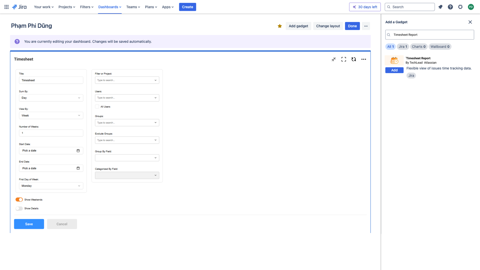 Timesheet Report Gadget Settings