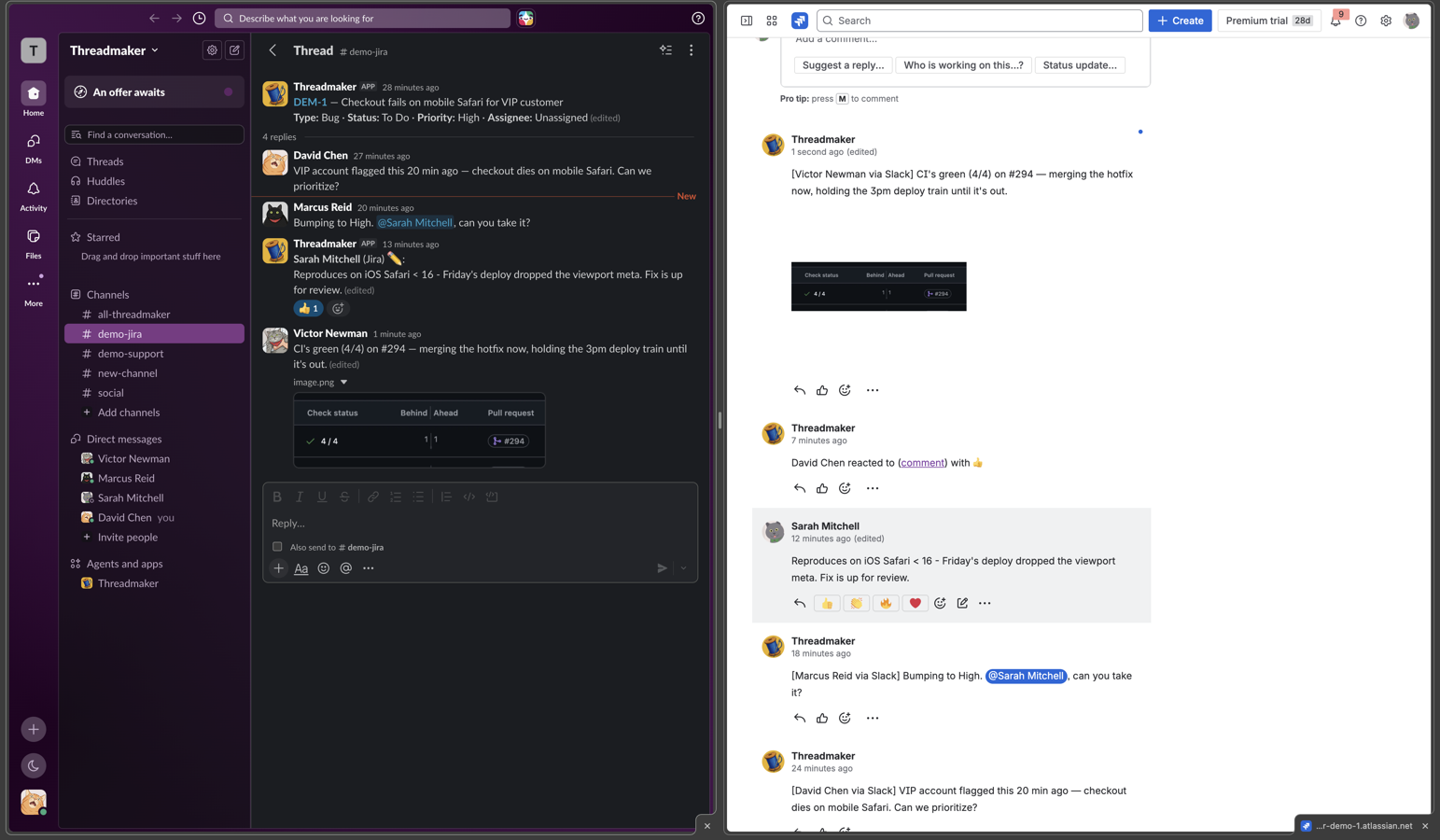 Slack replies become Jira comments and back — edits, attachments, @mentions, and reactions all carried across