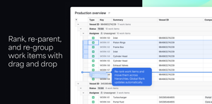 Drag and drop table rows to rank work items. Re-ranking via drag and drop updates the Global rank (LexoRank) field of your choice.