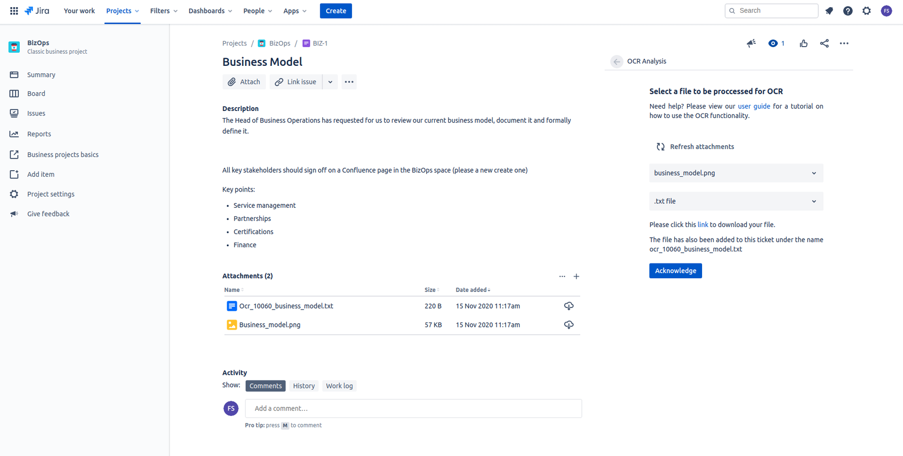 The OCR panel is present on the right of the issue view. Choose an attachment which has been added to the ticket to perform OCR