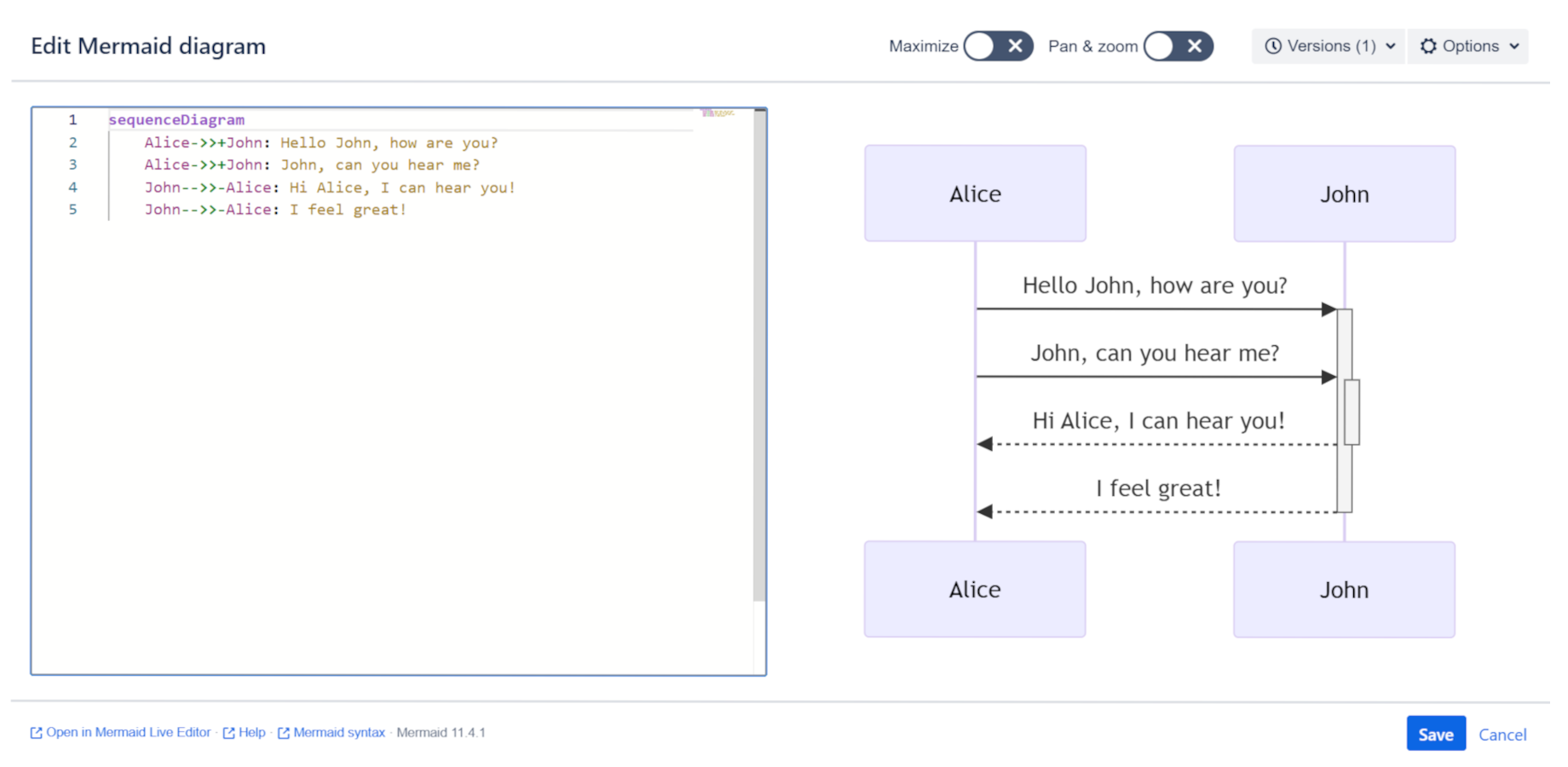 The editor renders a live preview of the textual diagram definition.