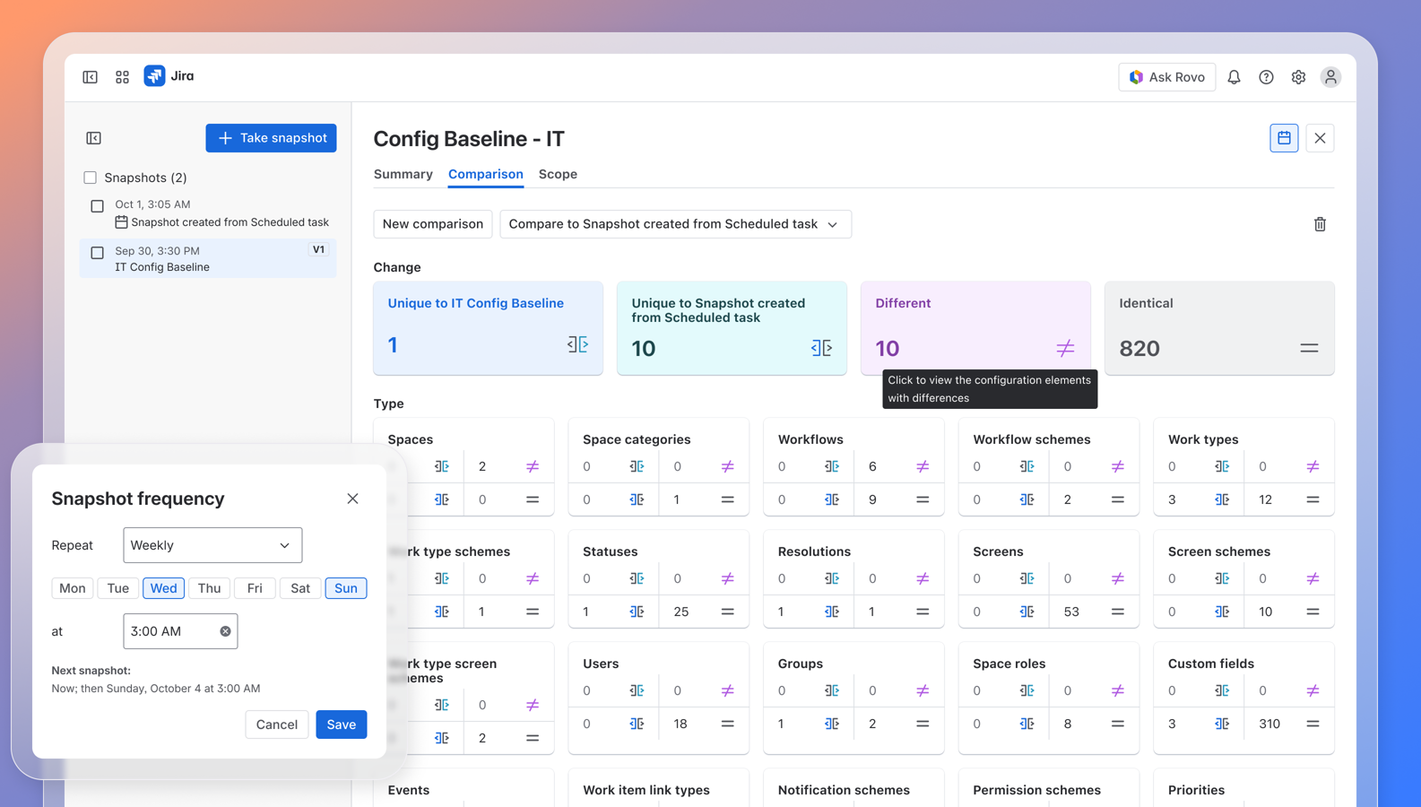 Schedule recurring snapshots, compare configuration states over time or across Cloud sites, and review what changed before it affects your teams.