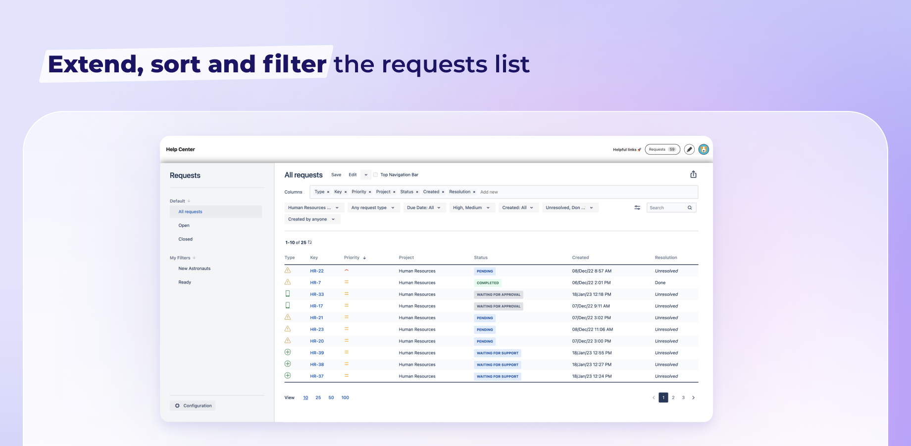 Customizable columns, extended filters and sorting