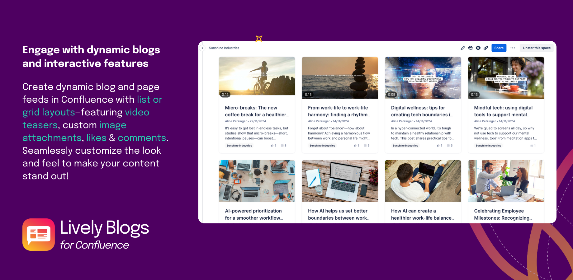 ✨Engage your team with dynamic, real-time news updates in Confluence Cloud. Lively Blogs transforms your workspace into an interactive hub of featured posts and seamless communication