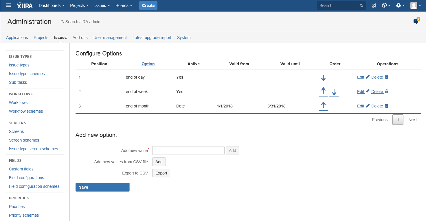 field configuration screen