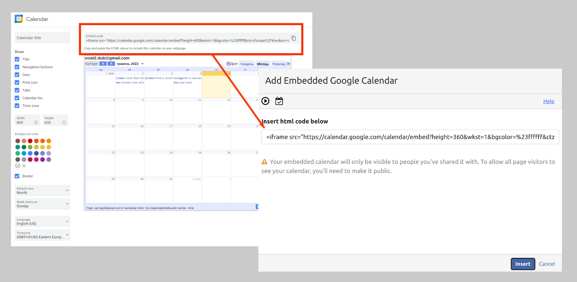 ​Embed your Google Calendar into your page. Manage those who can see your Calendar directly from Google. Our application doesn’t request any permission to access your Google account. Just insert the copied HTML code.
