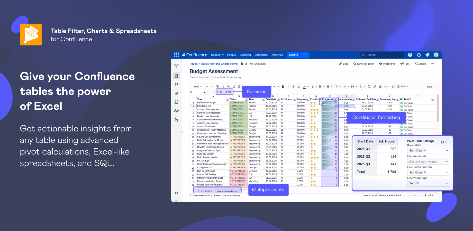 Empower Confluence users with advanced pivot calculations, Excel-like spreadsheets, and SQL table merge/join