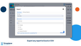 Export options in Timepiece - Time in Status for Jira, sending Jira time in status reports to Excel or CSV, including average, sum, median and standard deviation exports.