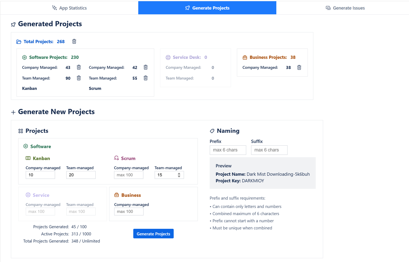 Project generation with flexible configuration options.