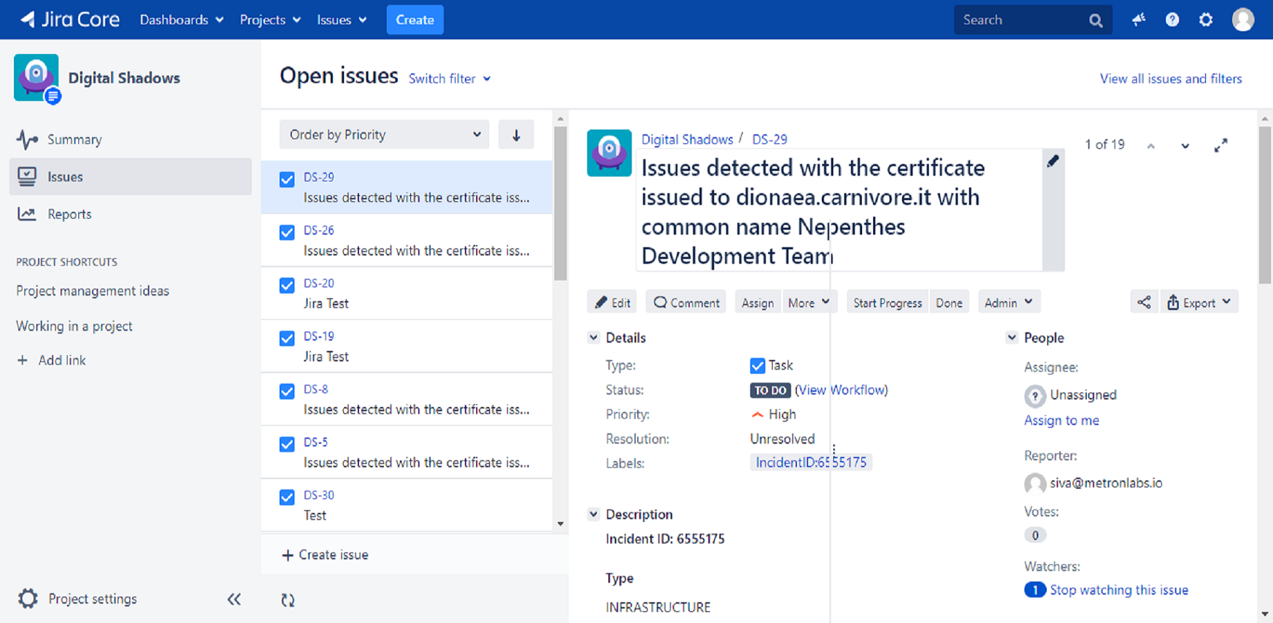 ​Pick the project and issue type for SearchLight alerts to be mapped to. Feedback state changes from Jira to keep SearchLight up to date.