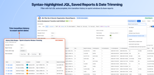 Advanced Filtering & History Date Ranges: Query issues via Basic Filters, Saved Filters, or JQL with autocomplete, and slice transition history by date range.
