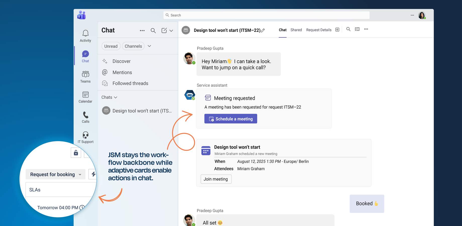 Workflows, status changes, and actions from Jira and JSM appear directly in Microsoft Teams. Automated updates keep the right people informed, so they can take action without switching back to Jira.