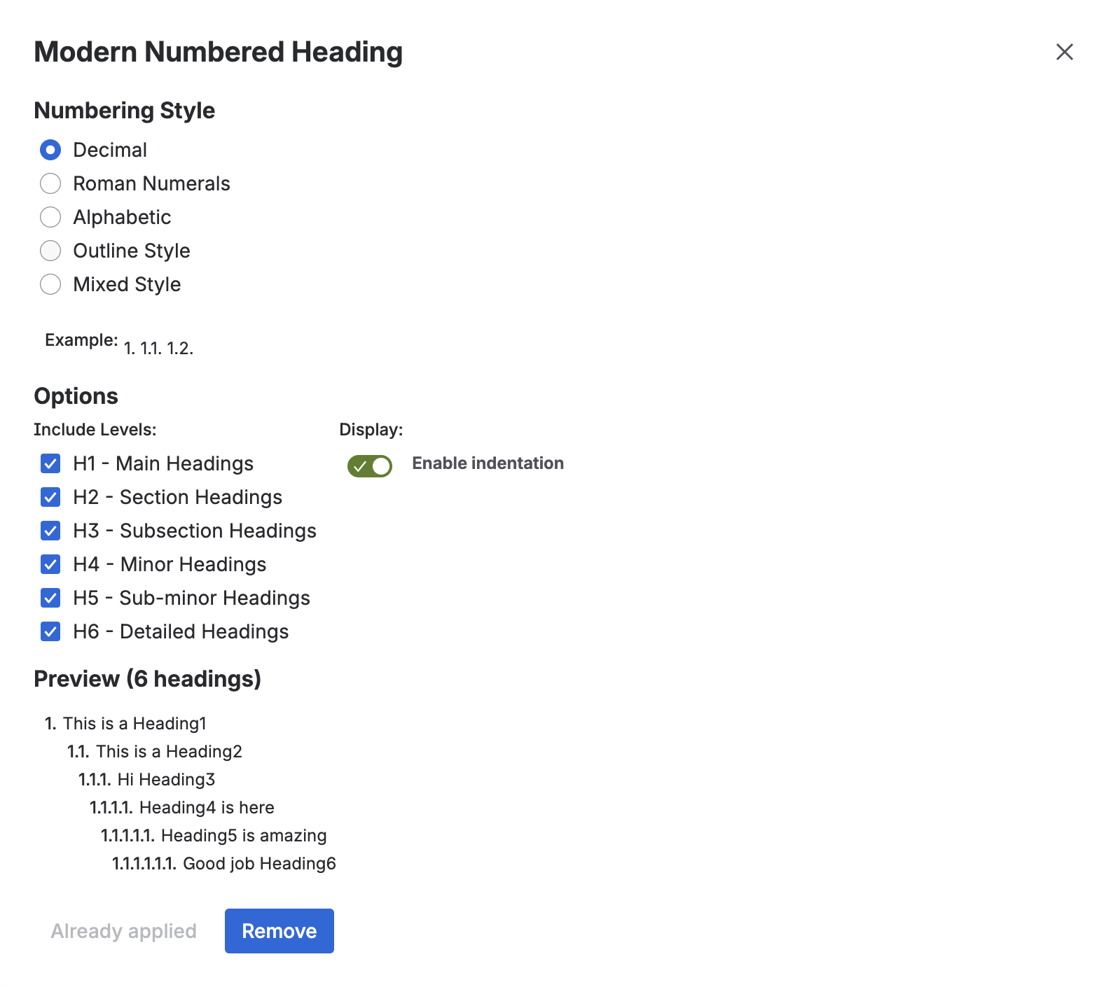 Multiple styles and heading level filters