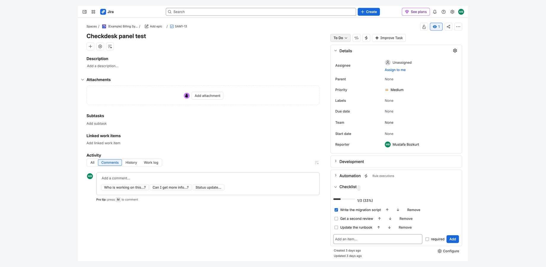 The checklist on a Jira issue: items, progress and the template that filled them in.