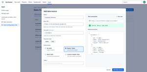 Add a data source: enter the base URL, choose JSON or XML and an auth type (No Auth, Bearer Token, Basic Auth or Custom Header), then run a test to check the connection and preview the response.