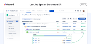 Deep Jira integration. Set Jira issue as a KR or Key action with real-time status updates. OKR for Jira
