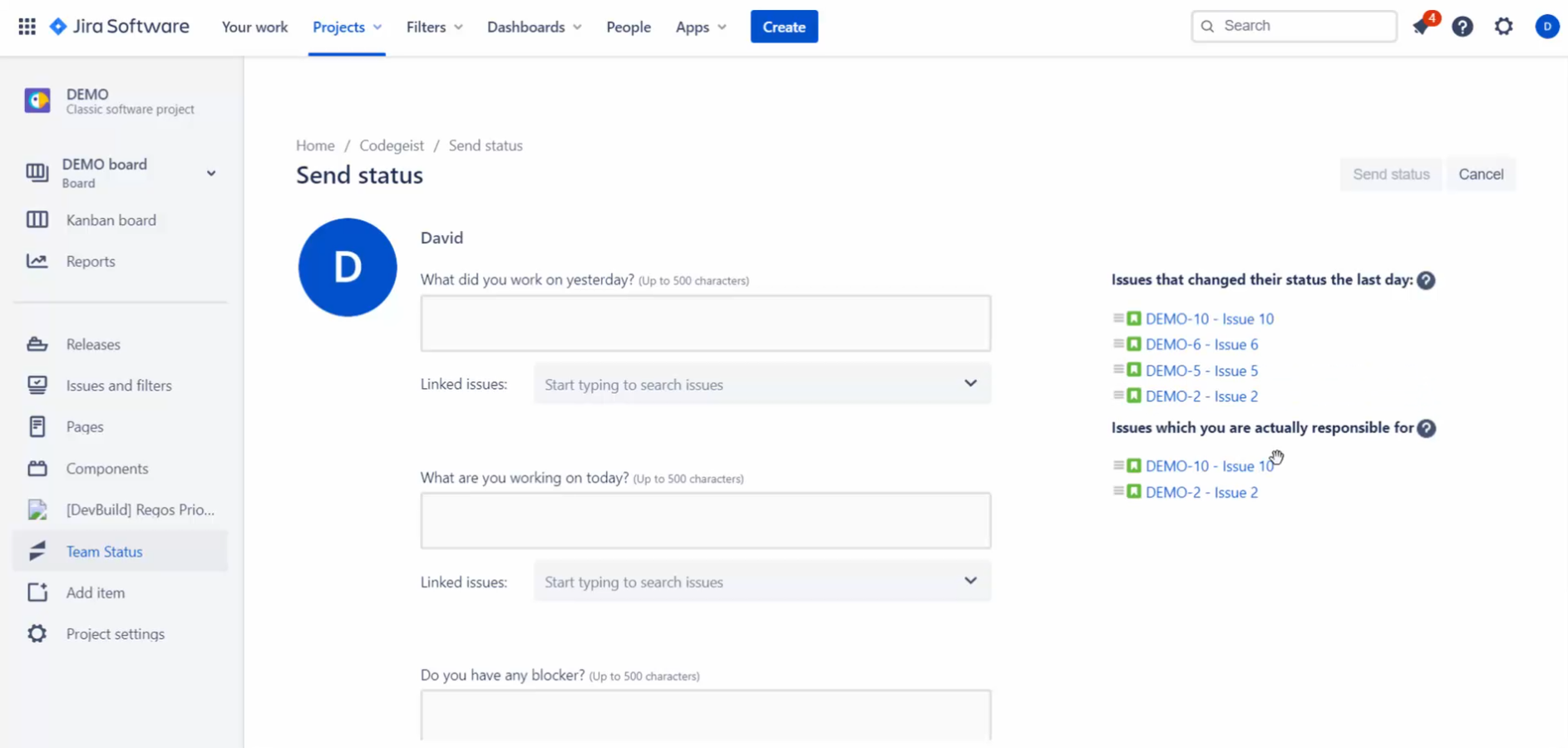 Submit status and see available suggestions