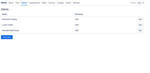 Clients and their currencies, with optional per-client mapping to a Xero contact or QuickBooks customer.