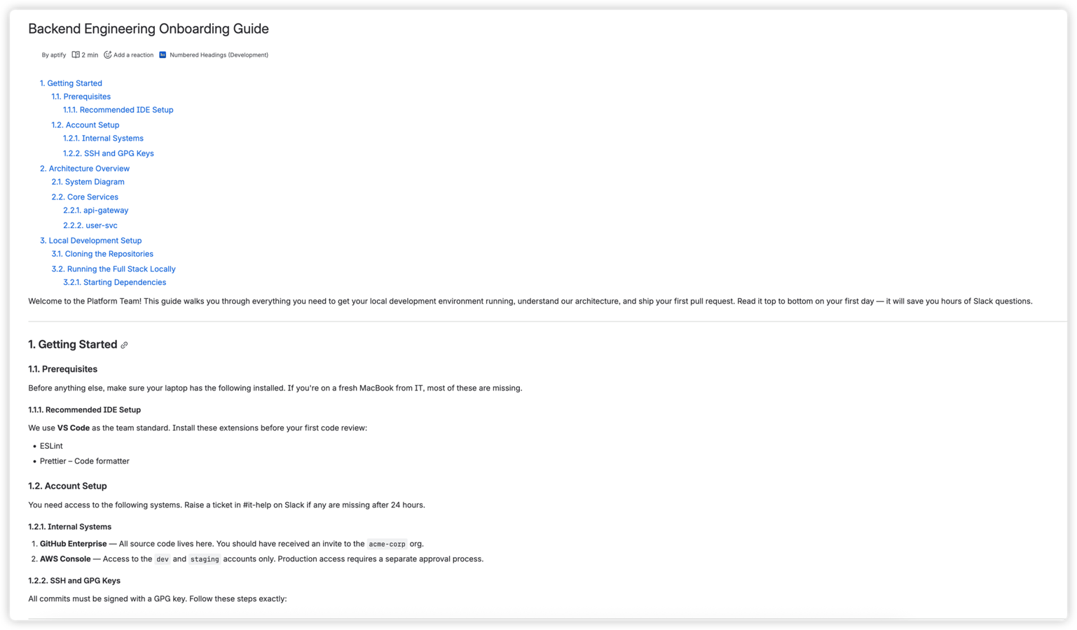 Headings are automatically numbered to reflect the structure of the page.