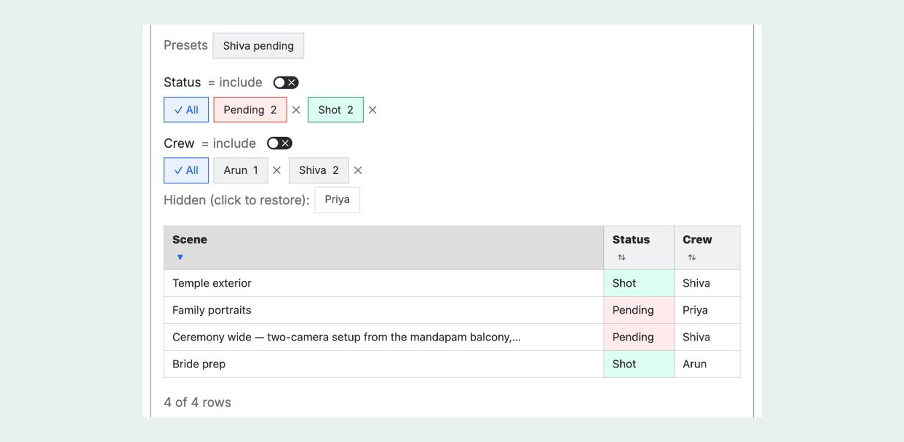 Button filters with live counts on a project tracker. Click a value to filter, click "All" to clear.