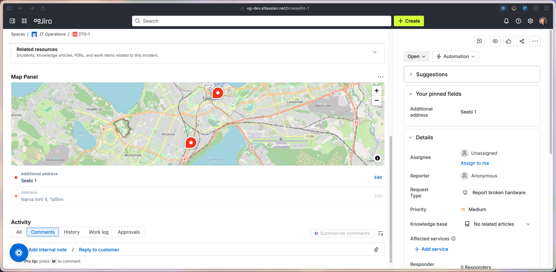 Full-width interactive map in the issue view allows users to visualize and update the exact location by clicking or moving the pin