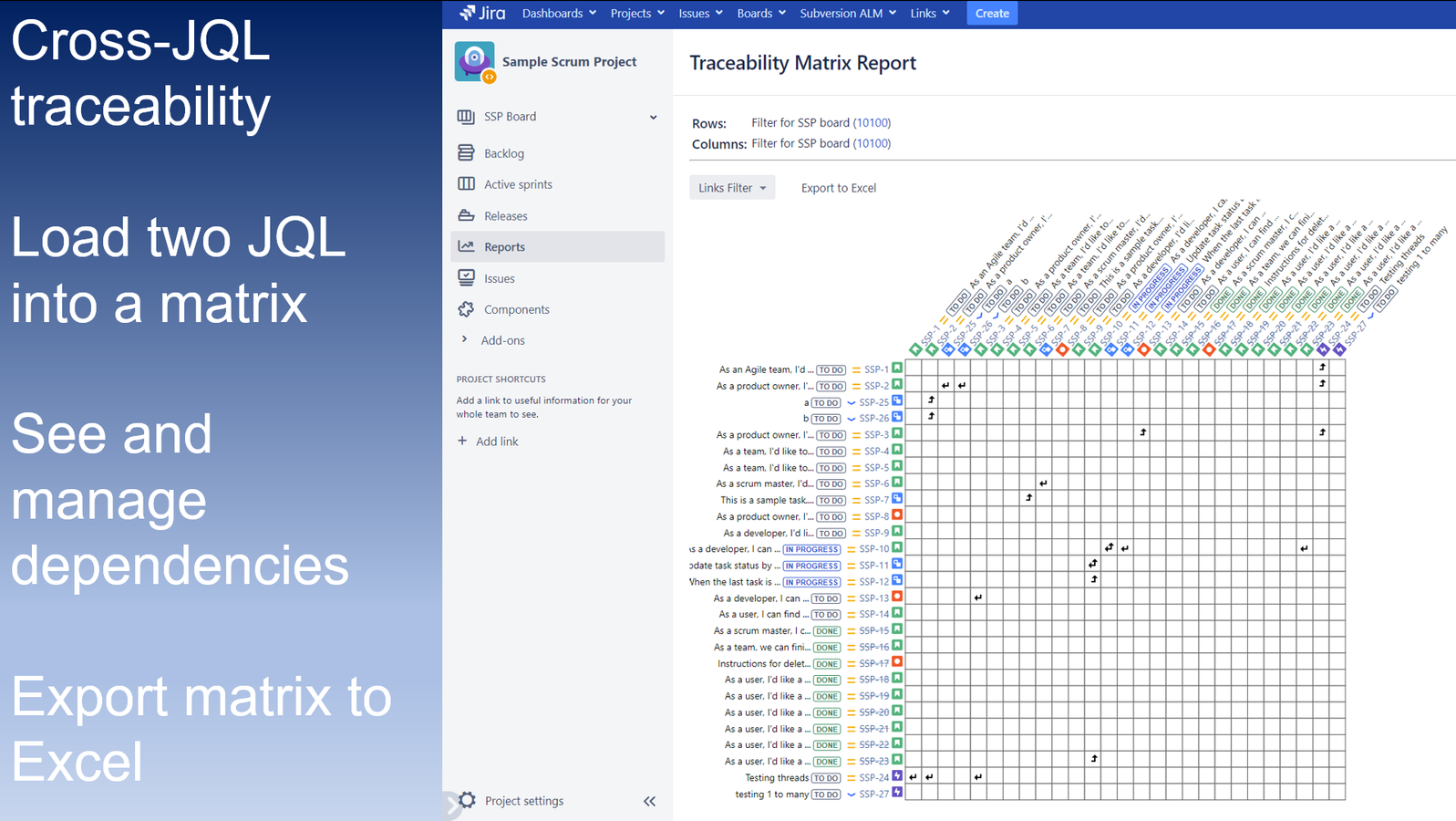 View on a Matrix how issues of two JQL queries are related. Edit relations quickly on the matrix itself (create, view & delete), and export to Excel!

Improve the QA by tracing requirements vs test cases!