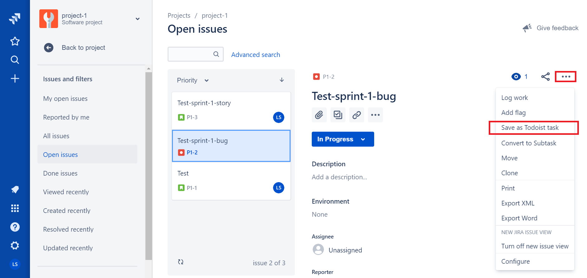 Save a JIRA issue as a Todoist task