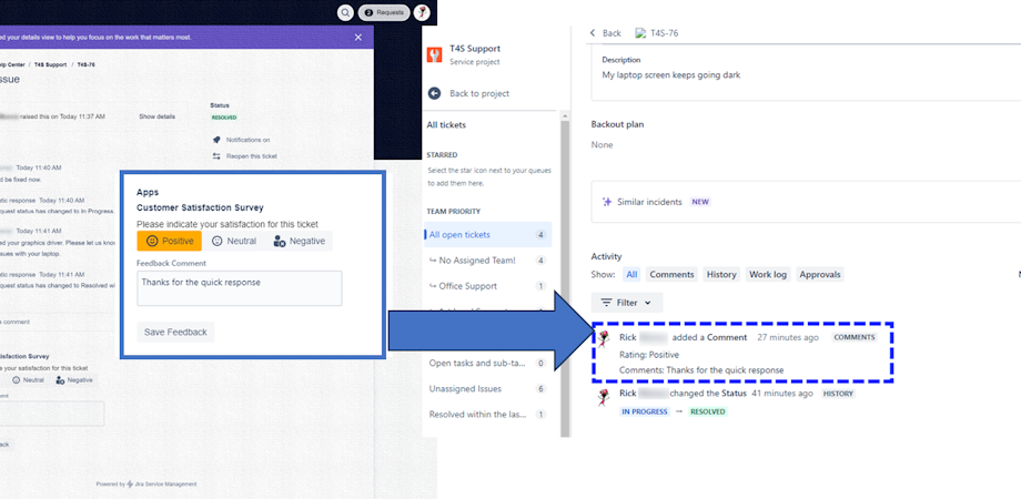 The Save Feedback button captures the survey results directly in the ticket's activity history.