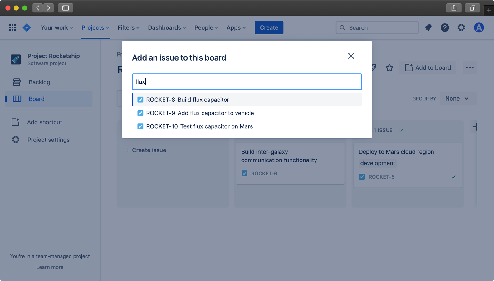 Add to Board dialog showing with "flux" search term