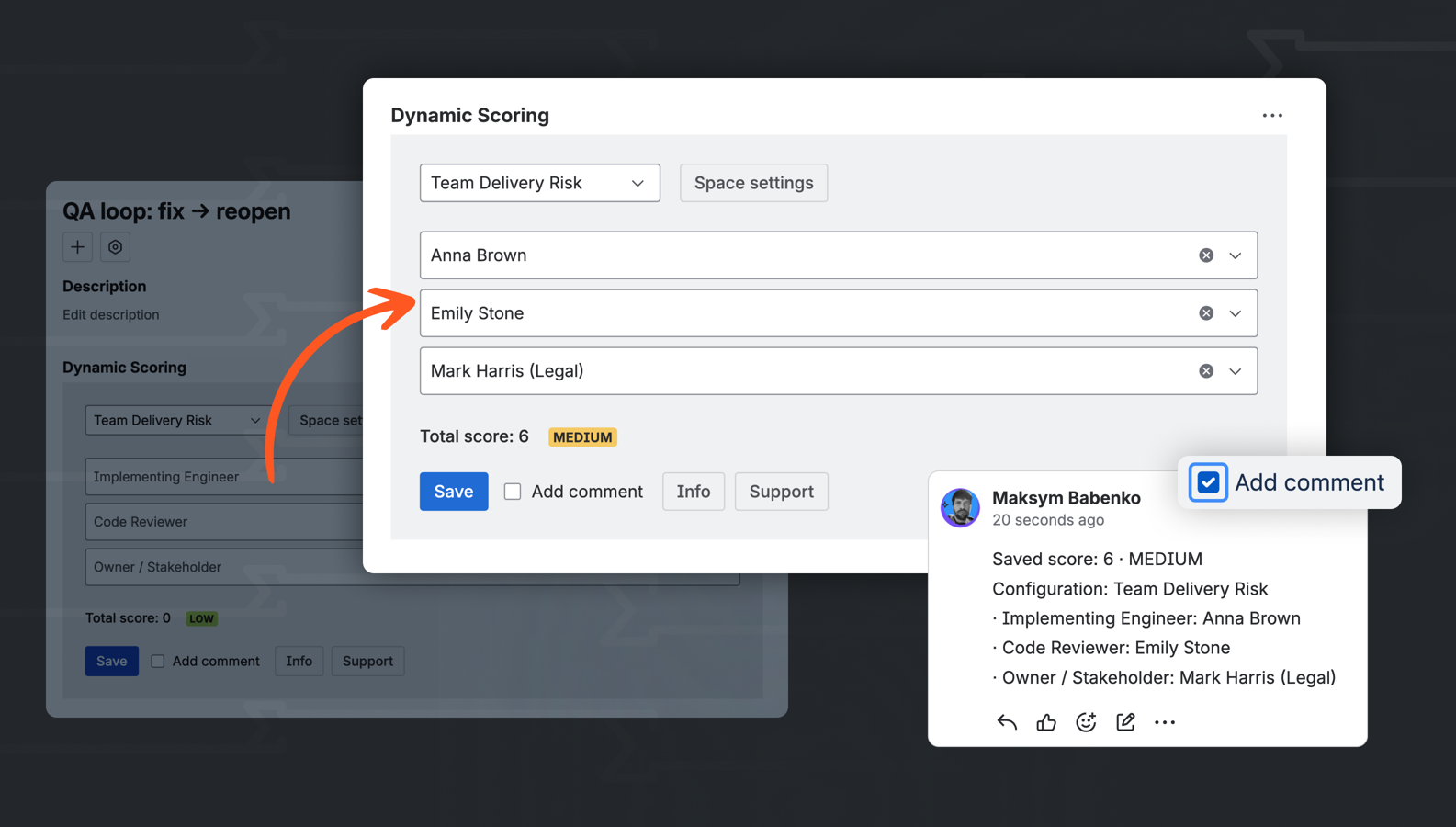 Save issue scores directly in Jira and optionally add them as a comment. Dynamic Scoring logs the selected configuration and all field values, making prioritization clear and visible to everyone on the team.