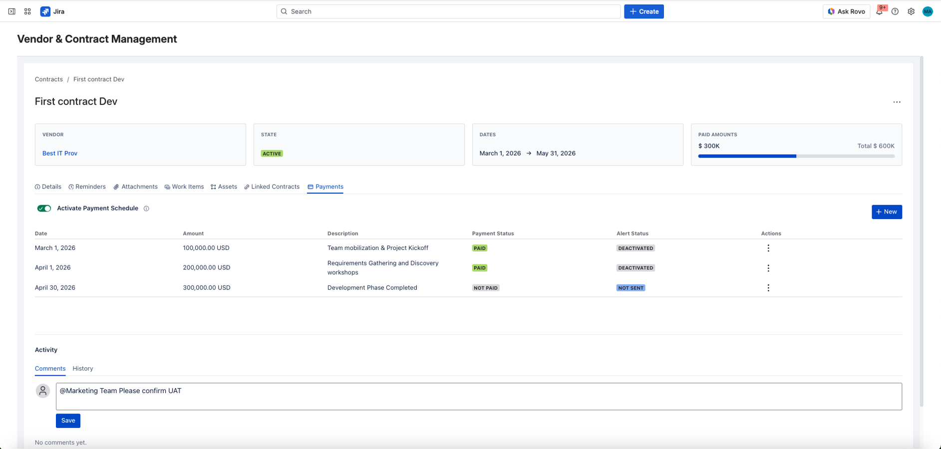 Monitor paid versus pending balances visually and configure automated alerts to notify your team 1 month before payment dates and renewals.