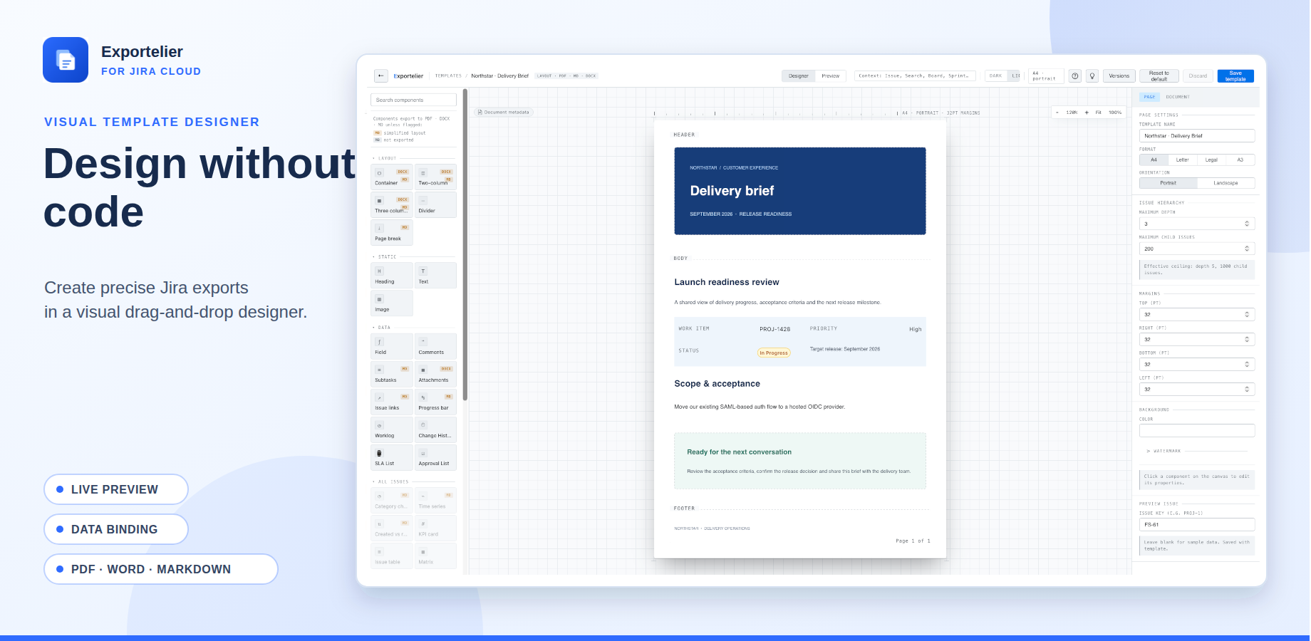 The visual designer — component palette, live document canvas and page settings side by side