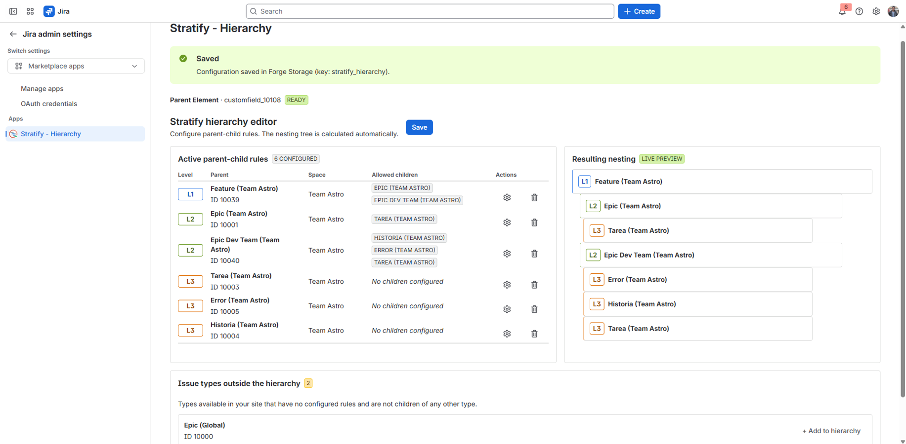 Hierarchy admin: define levels and which issue types can sit under each other