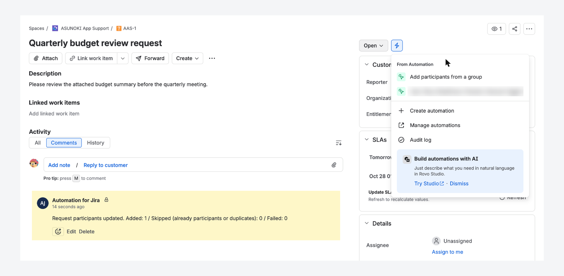Run a manual-trigger rule from a request's Automation menu. Other triggers, such as work item created, work the same way.