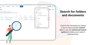 Search options and the search results. You can search in various document fields, in the current project, folder and/or sub-folders.