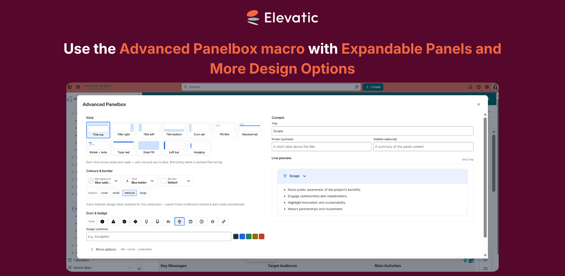 1. Users can choose one of the predefined Panelboxes.
2. Optionally, they can set a title and its alignment. 
3. After saving the Panelbox, users can fill it with any content they want.