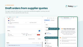 The Raley SQ Intake agent reads a supplier's sales quote PDF attached to the work item and drafts the purchase order from it: supplier, currency, tax and order lines. You confirm; it never submits.