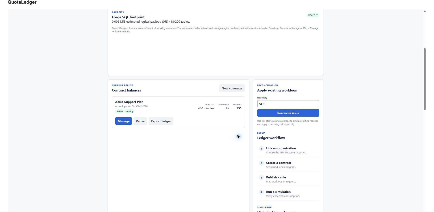 Live contract balance and deterministic worklog reconciliation for the Acme Support plan