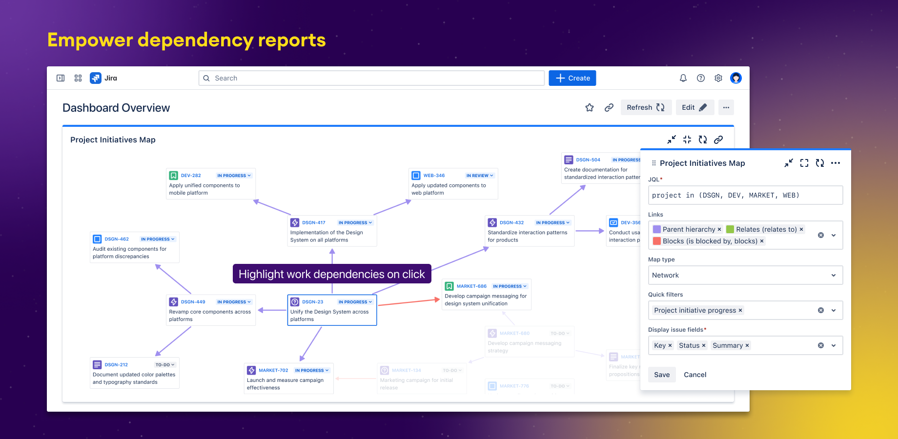 Generate comprehensive dependency reports and visualizations for stakeholder communication. Map project initiatives, track outward links, and customize views with JQL filters and network diagrams.​
