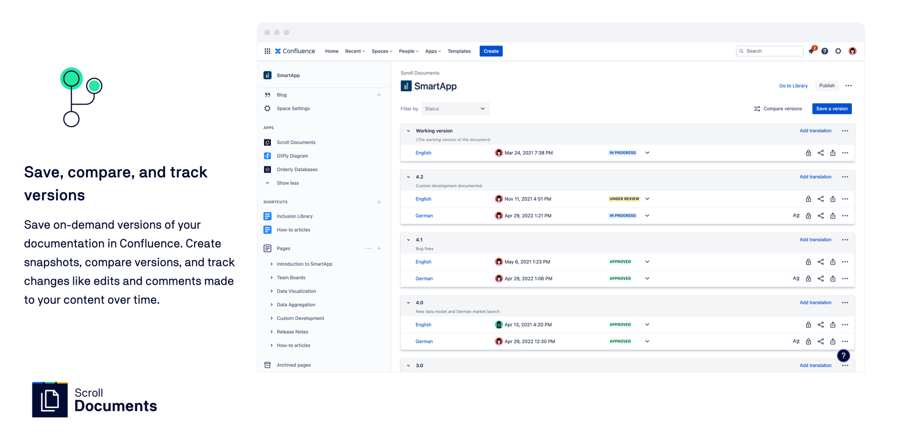 Save on-demand versions of your documentation in Confluence. Create snapshots, compare versions, and track changes like edits and comments made to your content over time.