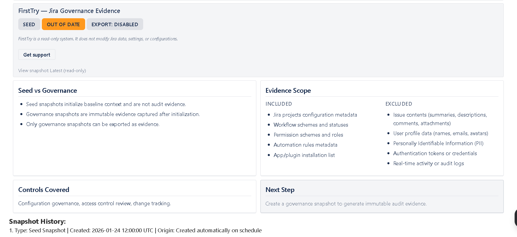 Evidence scope showing included configuration metadata and excluded user or issue content