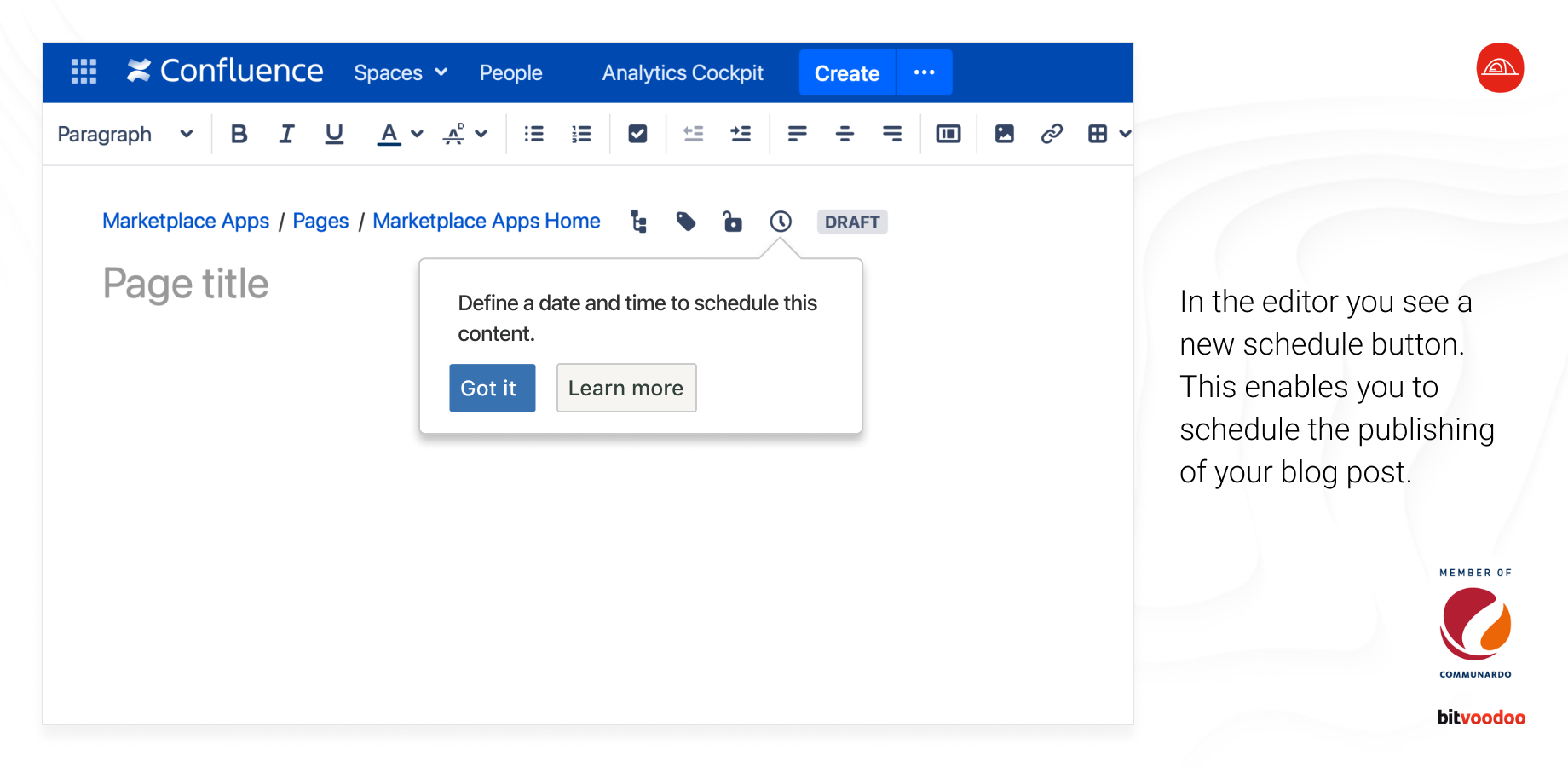 In the editor, use the schedule button (clock icon) to schedule the publishing of your blog post.