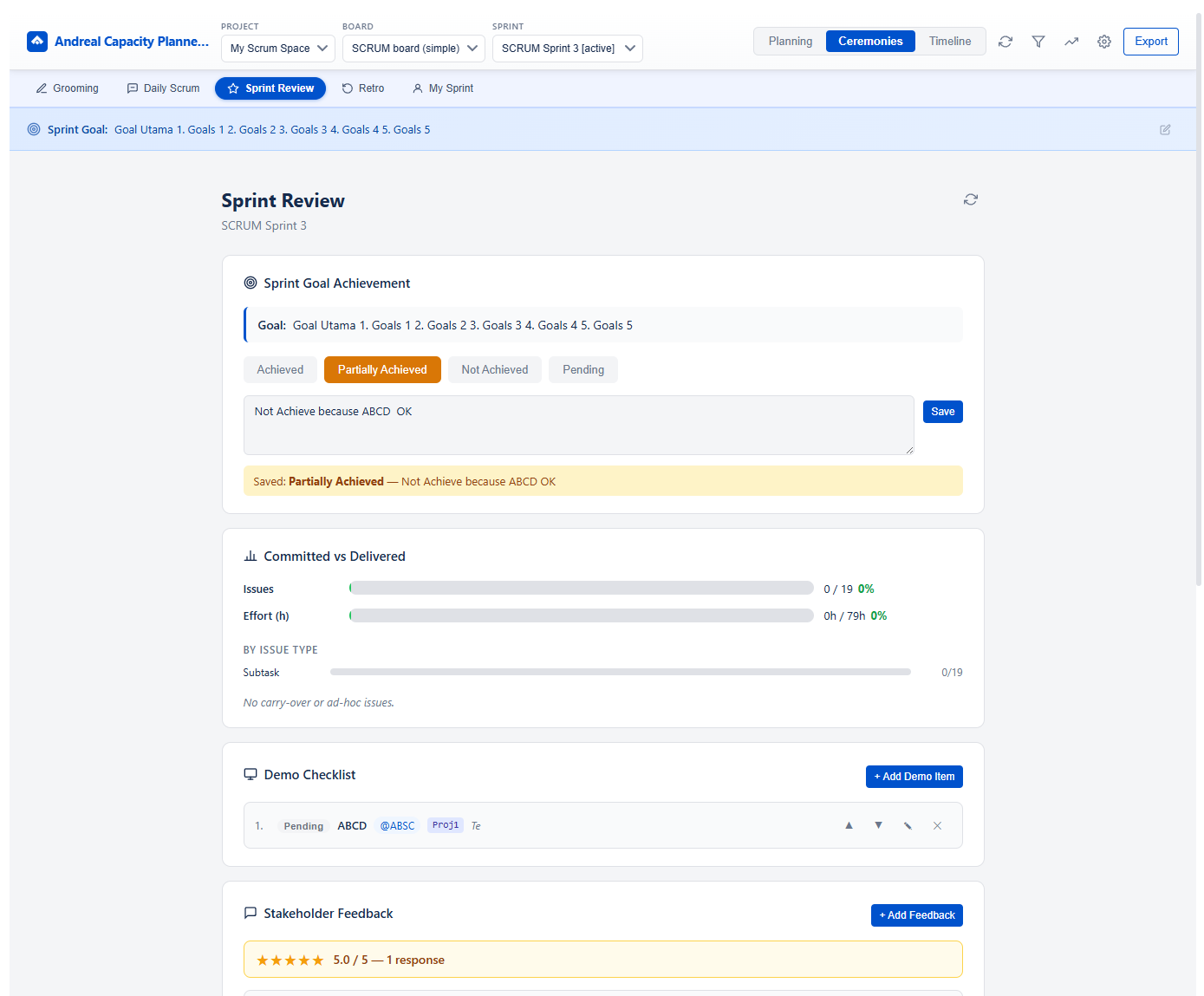 Daily Scrum view with standup check-in form, mood tracking, team updates, and focus-of-the-day per member