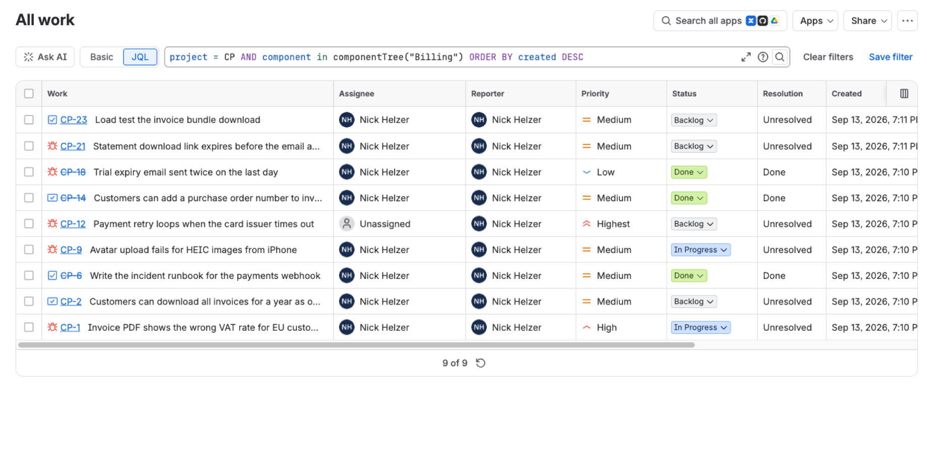 component in componentTree("Billing") in Jira's own search: nine work items across Billing, Invoices and Payments, ready for boards, filters and automation.