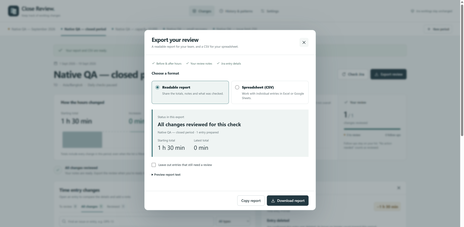 Actual export panel on our Jira test site. Synthetic QA data shows a prepared report and CSV; this is not a customer result.