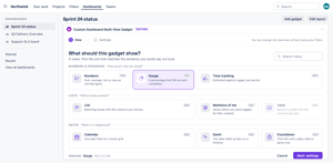 The multi-view gadget picker, grouped by the question you are asking: numbers and progress, lists of issues, or dates. Gauge is selected and the view can be changed later without losing filters.