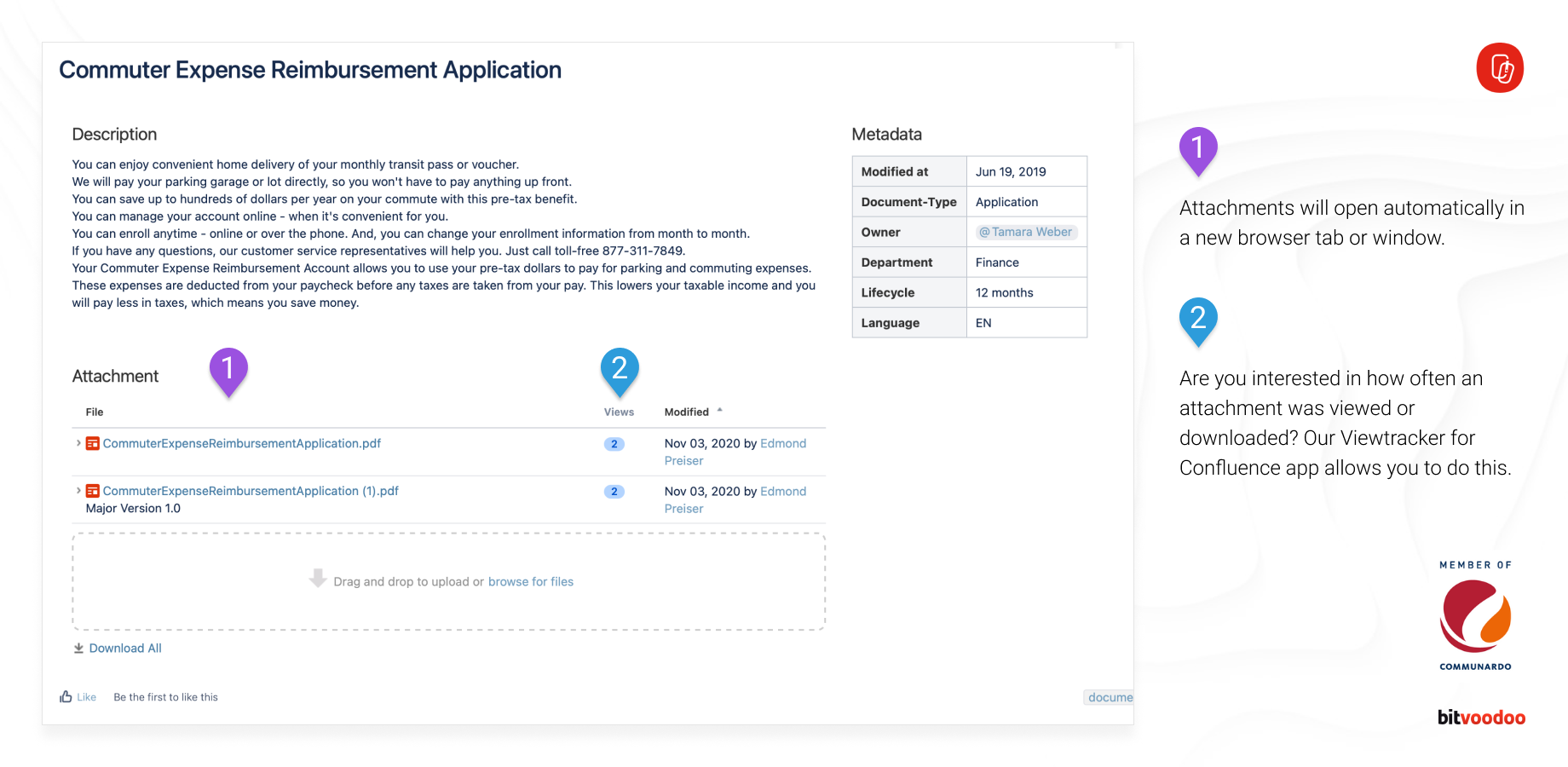 1) Attachments will open automatically in a new browser tab or window.
2) Are you interested in how often an attachment was viewed or downloaded? Our app Viewtracker will give you this data.