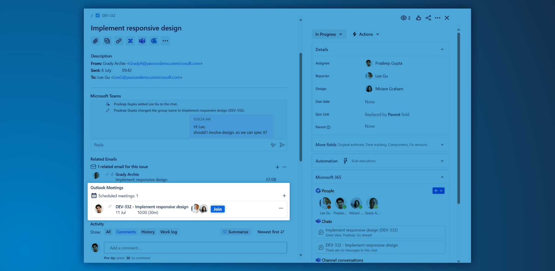 Scheduled Outlook and Microsoft Teams meetings are documented in Jira. Users can join a public meeting through Microsoft Teams with a single click.